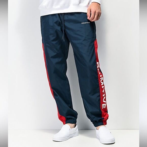 Primitive Skateboarding Nylon Track Pants Navy Red Tapered Joggers Sz L Street